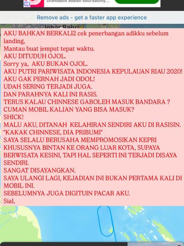 Tangkapan Layar Cerita Putri Pariwisata Kepri saat mendapat intimidasi dan rasisme di Bandara Raja Haji Fisabilillah Tanjungpinang. (Foto: Istimewa)