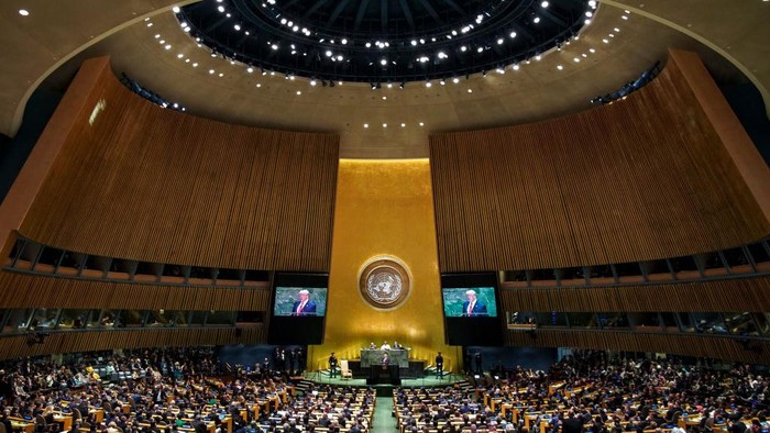 NEW YORK, NY - SEPTEMBER 24:  U.S. President Donald Trump addresses the United Nations General Assembly at UN headquarters on September 24, 2019 in New York City. World leaders from across the globe are gathered at the 74th session of the UN General Assembly, amid crises ranging from climate change to possible conflict between Iran and the United States. (Photo by Drew Angerer/Getty Images)