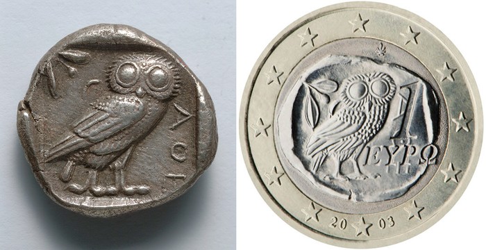 Koin burung hantu dari peradaban Yunani kuno (kiri) dan koin 1 euro Yunani modern (kanan).