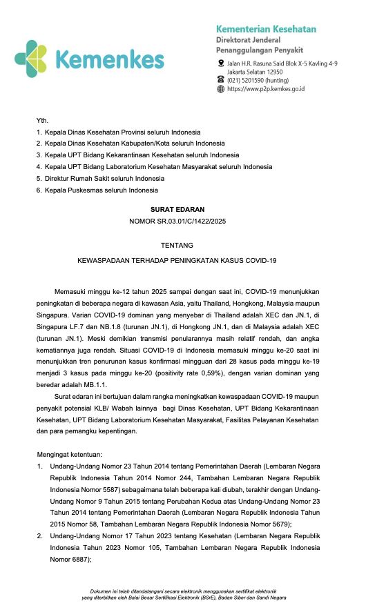 Surat Edaran Dirjen P2 Kemenkes. (Dok. Kemenkes)