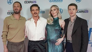 Ebon Moss-Bachrach, Pedro Pascal, Vanessa Kirby, dan Joseph Quinn saat menjalani promo The Fantastic Four: First Step di Meksiko. Getty Images for Disney/Toya Sarno Jordan