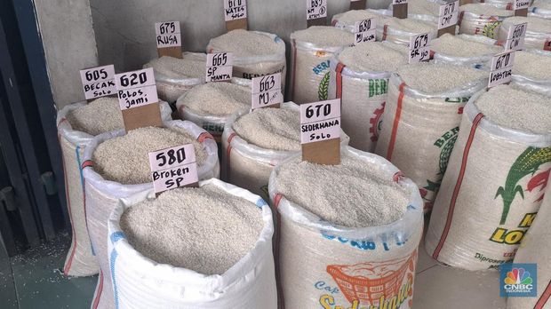 Harga beras medium dan premium di Pasar Induk Beras Cipinang (PIBC), Senin (2/6/2025). (CNBC Indonesia/Chandra) Harga beras medium dan premium di Pasar Induk Beras Cipinang (PIBC), Senin (2/6/2025). (CNBC Indonesia/Chandra)