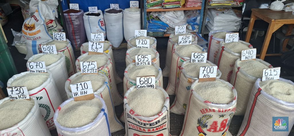 Harga beras medium dan premium di Pasar Induk Beras Cipinang (PIBC), Senin (2/6/2025). (CNBC Indonesia/Chandra)