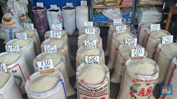 Harga beras medium dan premium di Pasar Induk Beras Cipinang (PIBC), Senin (2/6/2025). (CNBC Indonesia/Chandra)