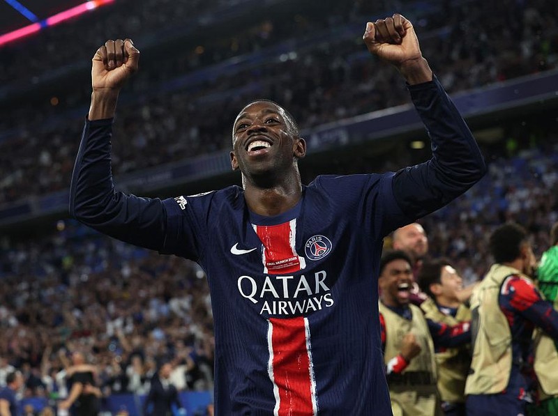 MUNCHEN, GERMANY - MAY 31: Ousmane Dembele of Paris Saint Germain  celebrates the fourth goal 4-0 during the UEFA Champions League  match between Paris Saint Germain v Internazionale at the Allianz Arena on May 31, 2025 in Munchen Germany (Photo by Rico Brouwer/Soccrates/Getty Images)