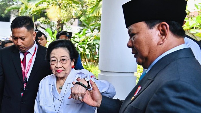 Presiden Prabowo Subianto menggandeng tangan Presiden ke-5 RI Megawati Soekarnoputri. (dok. Setpres RI).