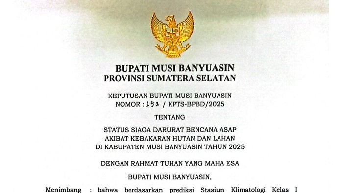 SK Bupati Muba atas penetapan status siaga darurat bencana asap akibat karhutla.