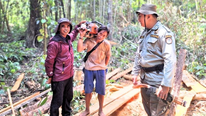 Kabid KSDAE Dishut Kaltara Maryono (kiri) saat melaksanakan operasi pembalakan liar