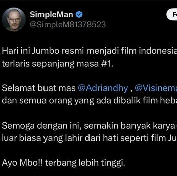 Tangkapan layar tanggapan SimpleMan terhadap film Jumbo yang tembus 10 juta penonton. Foto: akun X SimpleMan (@SimpleM81378523)