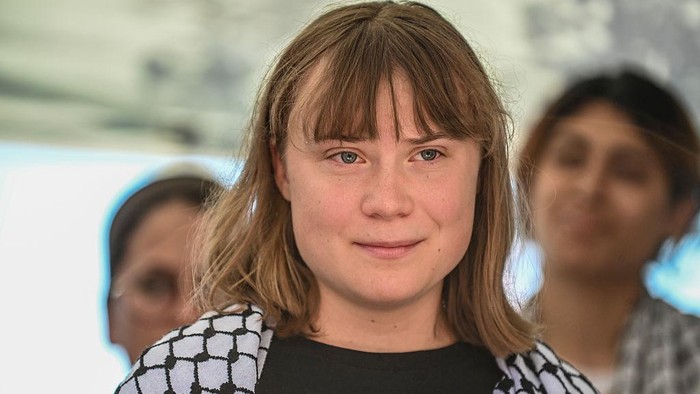  Greta Thunberg speaking at the press conference. Greta is part of the crew of the ship Madleen, headed to Gaza to deliver humanitarian aid on June 01, 2025 in Catania, Italy. Swedish activist Greta Thunberg is among those who will attempt to sail to Gaza on a boat organized by the Freedom Flotilla Coalition (FFC), in a bid to break Israel's blockade of the Palestinian territory. Freedom Flotilla had to abort a previous journey in early May after it said its boat came under attack by drones in international waters near Malta. (Photo by Fabrizio Villa/Getty Images)