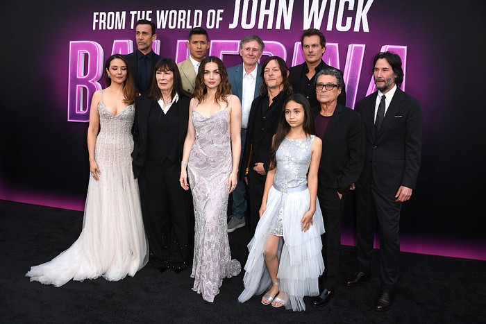 HOLLYWOOD, CALIFORNIA - JUNE 03: Catalina Sandino Moreno, Daniel Bernhardt, David Castañeda, Anjelica Huston, Ana de Armas, Gabriel Byrne, Norman Reedus, Victoria Comte, Len Wiseman, Ian McShane and Keanu Reeves arrives at the Lionsgate Presents World Premiere Of 