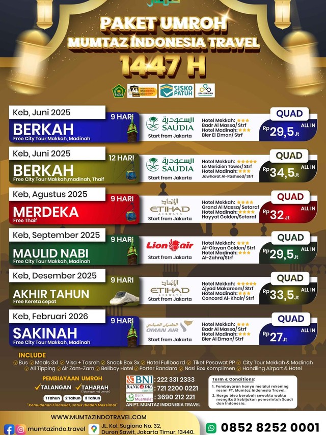 Daftar Harga & Pilihan Paket Umroh Awal Musim 1447H Bersama Mumtaz Travel