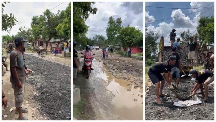 Warga saat memperbaiki jalan rusak dengan biaya sendiri di Wilayah Kecamatan Banjit, Kabupaten Way Kanan.