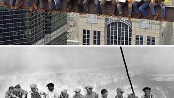 Pekerja di Chicago melakukan remake foto fenomenal Lunch Atop A Skyscraper yang diambil pada 1932. At least, sekarang pakai helm kerja lah, ya. Foto: j0urn3ym4n via Bored Panda