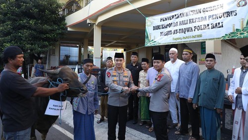 Kapolda Bali, Irjen Daniel Adityajaya, menyerahkan sapi kurban di depan Masjid At-Taqwa Polda Bali, Denpasar, Kamis (5/6/2025). (Dok. Polda Bali)