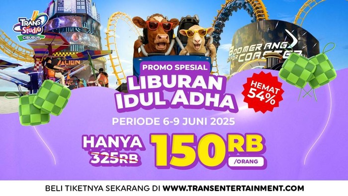 Sedang mencari destinasi seru untuk libur Idul Adha 2025? Trans Studio Cibubur hadir dengan promo menarik yaitu diskon tiket masuk hingga 54%
