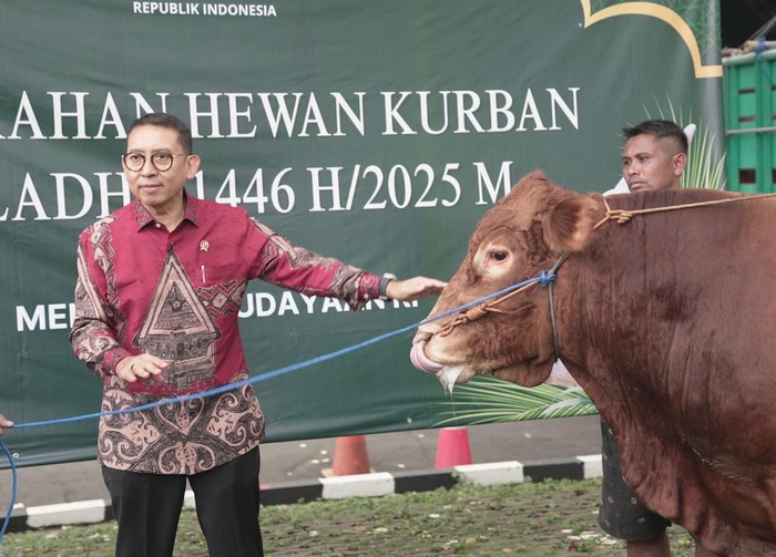 Menteri Kebudayaan Fadli Zon memimpin penyerahan hewan kurban secara simbolis di Kantor Pusat Kementerian Kebudayaan, Jakarta.