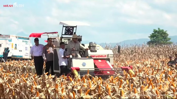Presiden Prabowo Subianto memimpin panen raya jagung serentak kuartal II. Prabowo didampingi Kapolri Jenderal Listyo Sigit Prabowo dan Mentan Amran Sulaiman. (YouTube Setpres)