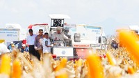 Prabowo mengemudikan traktor pemanen jagung. Kapolri Jenderal Listyo Sigit Prabowo dan Mentan Amran Sulaiman turut naik ke traktor, bersama operator yang membantu pengoperasian traktor. (dok Istimewa)