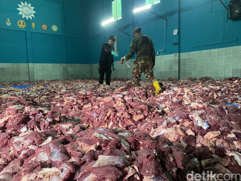 Daging kurban melimpah di aula Muhammadiyah Dusun Krajan, Desa Batur, Kecamatan Batur, Banjarnegara, Jumat (6/6/2025).