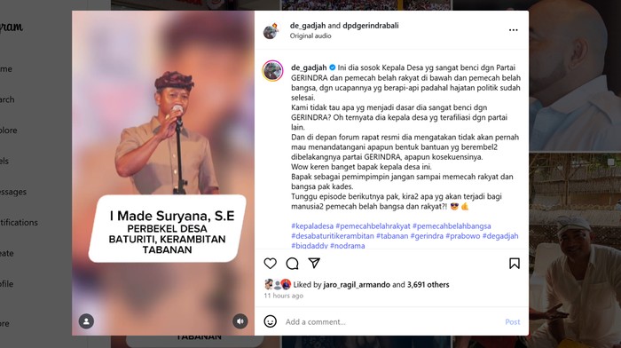 Postingan Ketua DPD Partai Gerindra Bali, I Made Muliawan Arya alias De Gadjah yang memviralkan Kades Baturiti, Kecamatan Kerambitan, Tabanan, I Made Suryana, lantaran tak mau teken bansos dari Partai Gerindra. (Tangkapan layar Instagram @de_gadjah)
