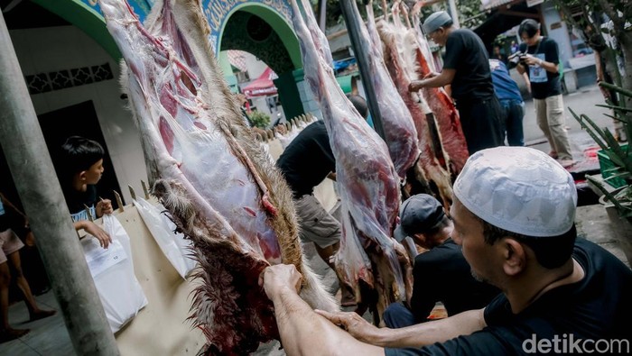 Warga menyembelih hewan kurban saat Idul Adha 1446 H di kawasan Kebon Melati, Jakarta, Jumat (6/6/2025). Hewan kurban kambing, sapi hingga kerbau disembelih usai umat muslim melaksanakan Salat Hari Raya Idul Adha 1446 H.
