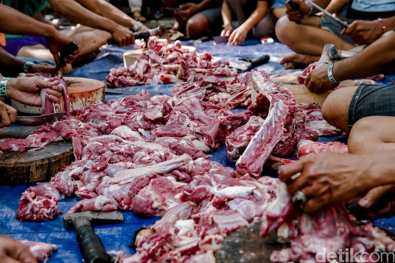 Warga menyembelih hewan kurban saat Idul Adha 1446 H di kawasan Kebon Melati, Jakarta, Jumat (6/6/2025). Hewan kurban kambing, sapi hingga kerbau disembelih usai umat muslim melaksanakan Salat Hari Raya Idul Adha 1446 H.