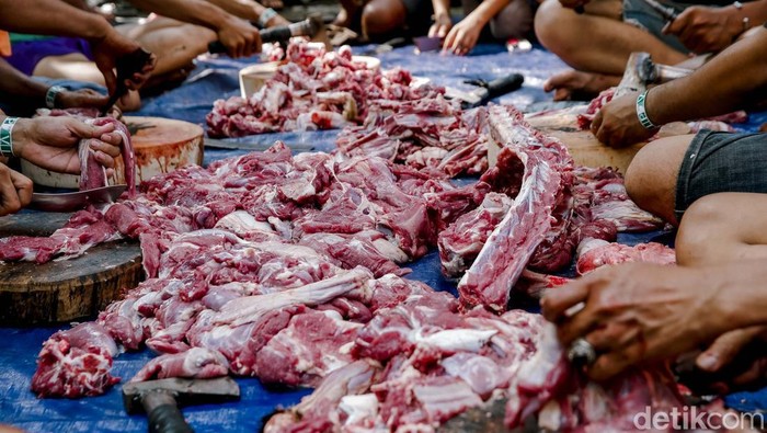 Warga menyembelih hewan kurban saat Idul Adha 1446 H di kawasan Kebon Melati, Jakarta, Jumat (6/6/2025). Hewan kurban kambing, sapi hingga kerbau disembelih usai umat muslim melaksanakan Salat Hari Raya Idul Adha 1446 H.