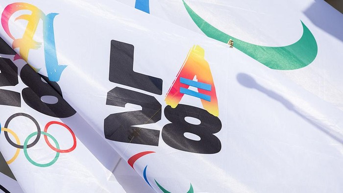 LOS ANGELES, CA - MAY 08: One of the variations of the 2028 Olympic logo was displayed on Thursday, May 8, 2025. The Los Angeles Memorial Coliseum and SoFi Stadium will share the opening ceremony. The Coliseum will be the site of the closing ceremony. (Myung J. Chun / Los Angeles Times via Getty Images)