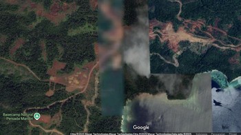 Foto satelit Pulau Kawe saat di-zoom in di bagian sisi utara pulau. Penambangan di sana menimbulkan sedimentasi di pesisir pantai. Menurut KLH/BPLH, PT KSM dikenai sanksi administratif berupa pemulihan lingkungan serta berpotensi menghadapi gugatan perdata. Foto: Google Maps