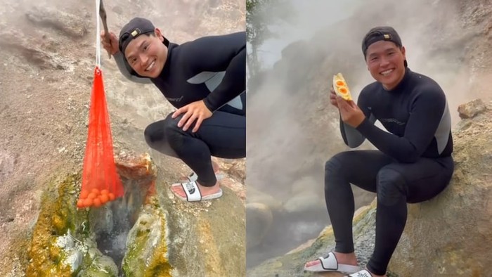 pria rebus telur di mata air panas lalu dijadikan kreasi sandwich
