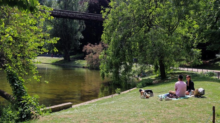 People with their dogs sit on the grass at Buttes Chaumont park during a sunny spring day in Paris, France, May 9, 2025. REUTERS/Camille Ayral