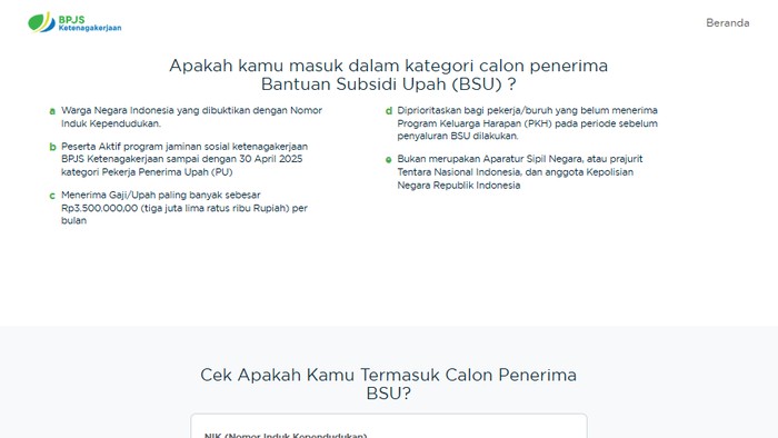 Cek penerima BSU di link BPJS Ketenagakerjaan.