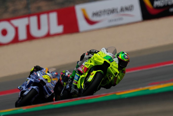 Franco Morbidelli (21) of Italy and Pertamina Enduro VR46 Racing Team during the Sprint of GoPro Grand Prix of Aragon at Motorland Aragon Circuit on June 7, 2025 in Alcaniz, Spain. (Photo by Jose Breton/Pics Action/NurPhoto via Getty Images)