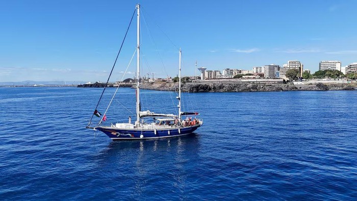 A drone view shows the Gaza-bound aid ship Madleen, organized by the international NGO Freedom Flotilla Coalition, anchored off the coast of Catania, Italy, on June 1, 2025. REUTERS/Danilo Arnone/File photo Purchase Licensing Rights