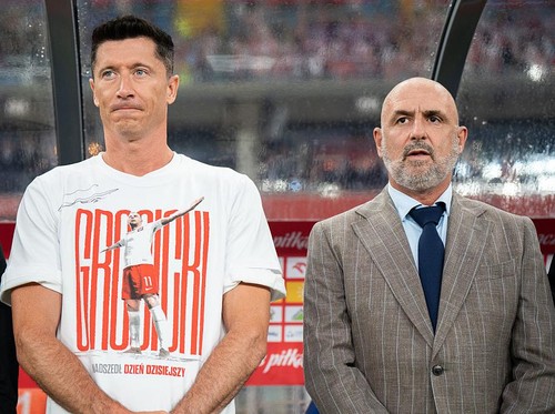 Robert Lewandowski and head coach Michal Probierz appear before the international friendly match between Poland and Moldova at Silesian Stadium in Chorzow, Poland, on June 6, 2025. This game is part of preparations for upcoming FIFA World Cup European qualifying matches. (Photo by Marcin Golba/NurPhoto via Getty Images)