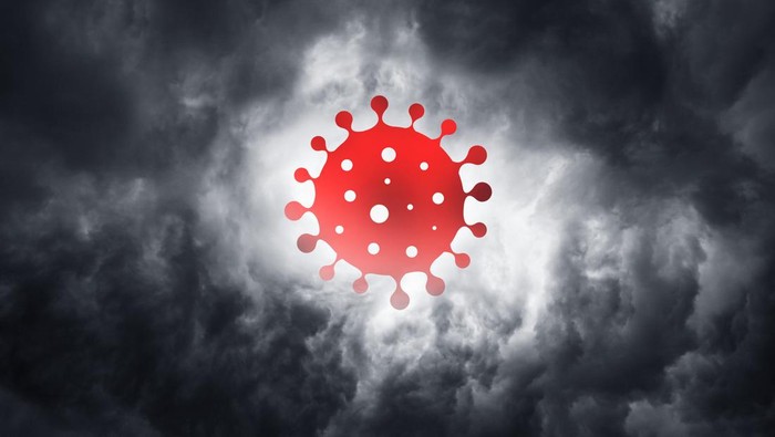 Warning about the scary coronavirus virus. World pandemic with the bacterium COVID-19. Wuhan city a threat to humanity against the backdrop of thunderclouds