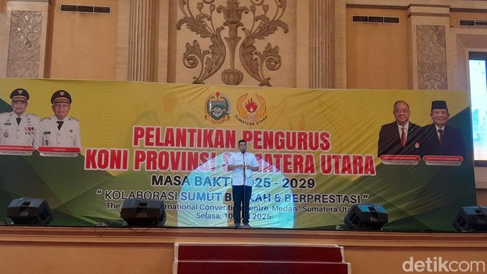 Gubsu Bobby Nasution saat sambutan di acara pelantikan KONI Sumut periode 2025-2029 (Nizar Aldi/detikSumut)