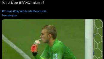 Tidak ada serangan dari Indonesia ke gawang Jepang. Ada meme kipernya nganggur. Foto: X.com