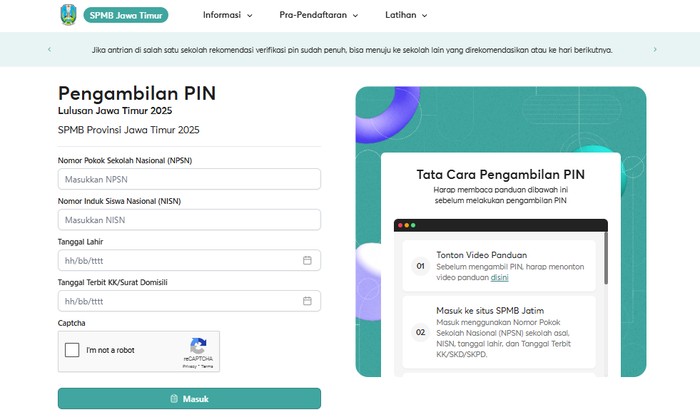 Pengambilan PIN SPMB Jatim 2025.