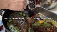 Kreasi matcha unik lain adalah steak. Steak sirloin dimasak dengan tambahan matcha butter yang creamy harum. Meski ada campuran matcha, tapi kreasi satu ini tampak lezat. Foto: TikTok/Instagram