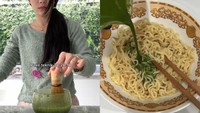 Jessica Jane juga mengikuti tren kreasi matcha yang nyeleneh. Ia mencampurkan seduhan ceremonial grade matcha itu ke dalam sajian Indomie rebus yang sedap. Foto: TikTok/Instagram