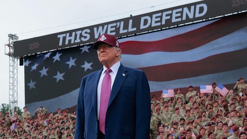 FORT BRAGG, NORTH CAROLINA - JUNE 10: U.S. President Donald Trump takes the stage during a rally with U.S. Army troops on June 10, 2025 at Fort Bragg, North Carolina. Trump is traveling to Fort Bragg Army base to observe a military demonstration and give remarks in honor of the U.S. Army’s 250th anniversary. (Photo by Anna Moneymaker/Getty Images)