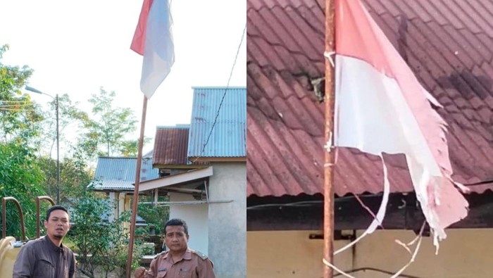 Bendera merah putih di kantor lurah Belalau I yang sudah diganti.