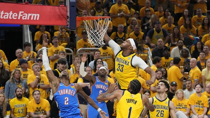 Jun 11, 2025; Indianapolis, Indiana, USA; Indiana Pacers center Myles Turner (33) blocks the shot of Oklahoma City Thunder guard Shai Gilgeous-Alexander (2) during the first half of game three of the 2025 NBA Finals at Gainbridge Fieldhouse. Mandatory Credit: Kyle Terada-Imagn Images