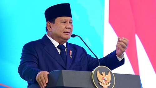 Prabowo Subianto saat memberikan sambutan di acara pengukuhan 1.451 hakim di gedung Mahkamah Agung (MA), Jakarta Pusat, Kamis (12/6/2025).