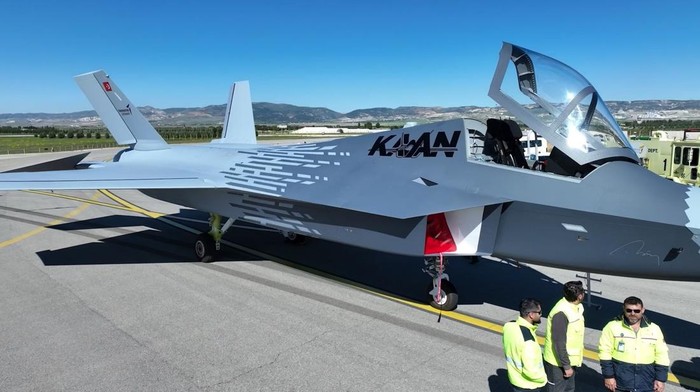 FARBOROUGH, UNITED KINGDOM - JULY 22: Turkiyes homegrown fighter jet KAAN is on display during Farnborough International Airshow, one of the most prestigious events of the aviation, defense and space industry in the world, in Farnborough, Hampshire, United Kingdom on July 22, 2024. Aircraft by Turkish Aerospace Industries will make their first international flight at Farnborough Airshow. (Photo by Rasid Necati Aslim/Anadolu via Getty Images)