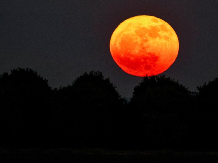 A full moon, known as the Strawberry Moon, rises over Gaza, as seen from near the Israeli side of the border, June 11, 2025. REUTERS/Amir Cohen