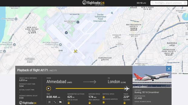 Flightradar24 Rekam Air India 171 yang Jatuh di Ahmedabad