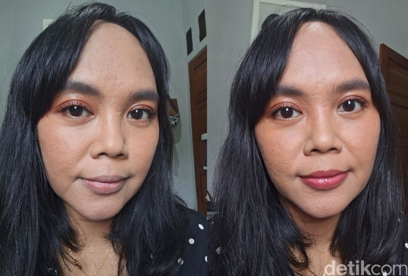 Hasil aplikasi tiga lapis From This Island Ilipe Lip Butter shade Pink Sugar.